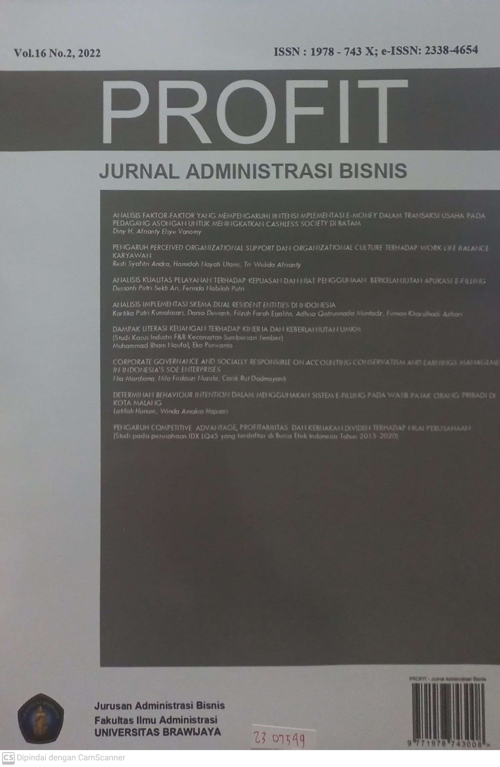 Cover Profit. :  Jurnal Administrasi Bisnis / Universitas Brawijaya