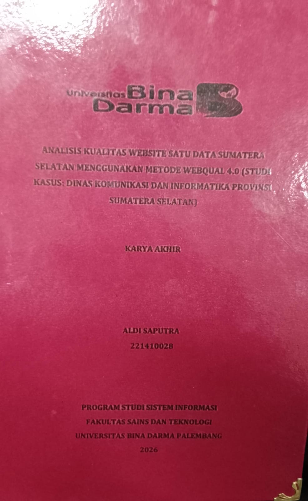 ANALISIS KUALITAS WEBSITE SATU DATA SUMATERA SELATAN MENGGUNAKAN METODE WEBQUAL 4.0 (STUDI KASUS: DINAS KOMUNIKASI DAN INFORMATIKA PROVINSI SUMATERA SELATAN) / ALDI SAPUTRA