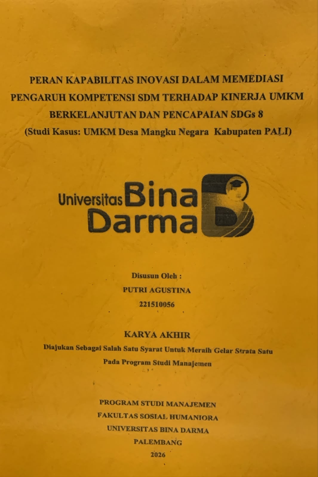 Cover Peran Kapabilitas Inovasi dalam Memediasi Pengaruh Kompetensi SDM Terhadap Kinerja UMKM Berkelanjutan dan Pencapaian SDGs 8 (Studi Kasus : UMKM Desa Mangku Negara Kabupaten PALI) / Putri Agustina