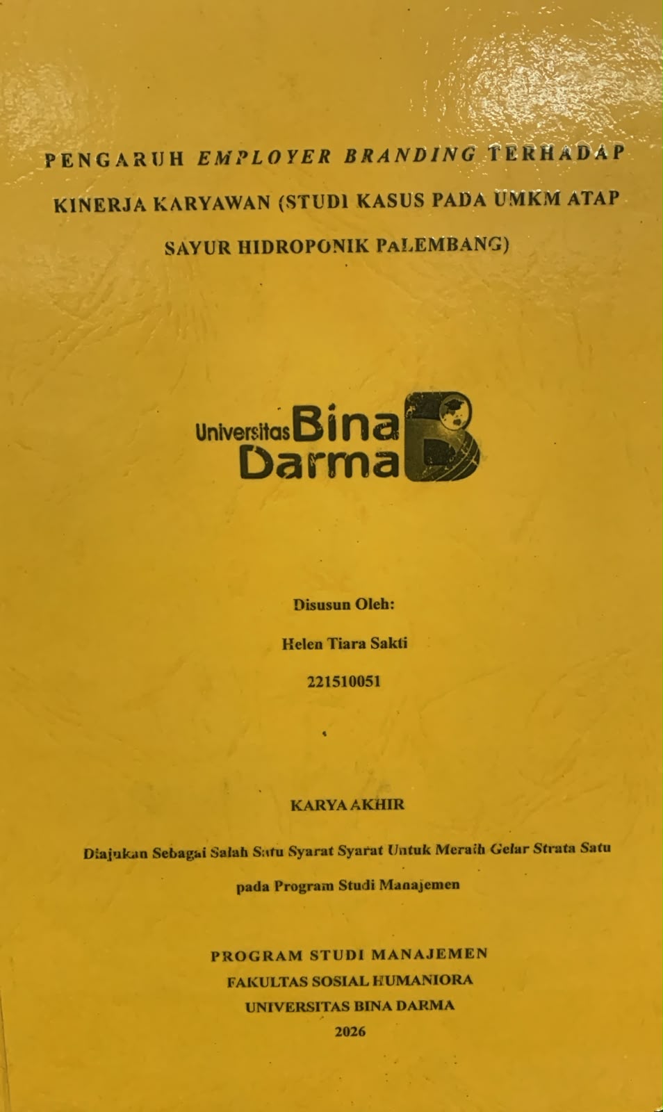Cover Pengaruh Employer Branding Terhadap Kinerja Karyawan (Studi Kasus Pada UMKM Atap Sayur Hidroponik Palembang) / Helen Tiara Sakti