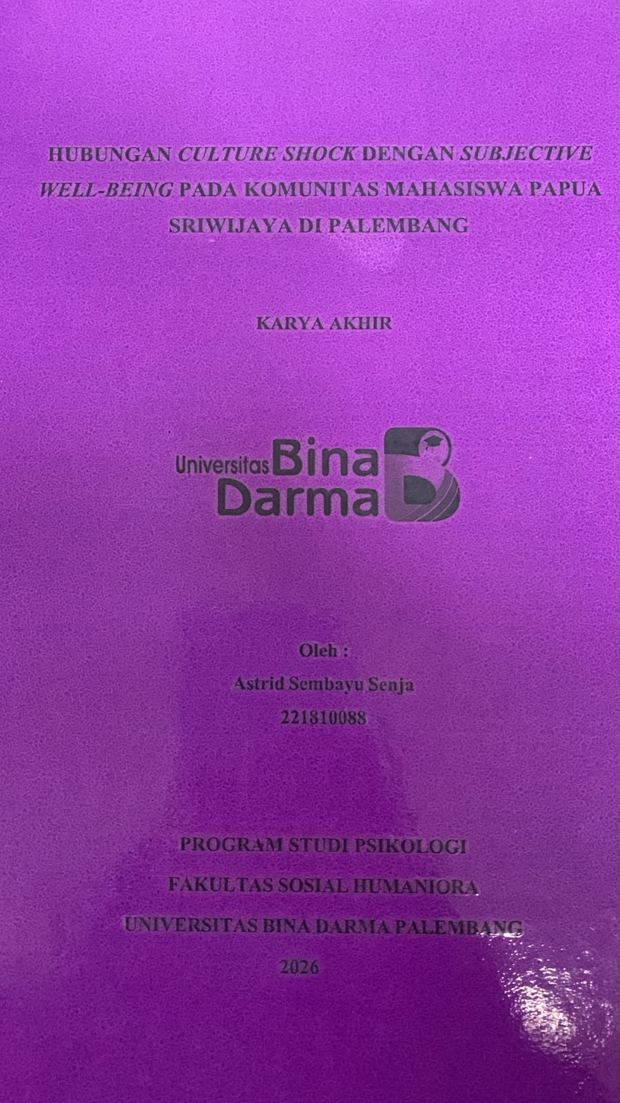 Cover Hubungan Culture Shock dengan Subjektive Well-Being pada Komunitas Mahasiswa Papua Sriwijaya di Palembang / Astrid Sembayu Senja
