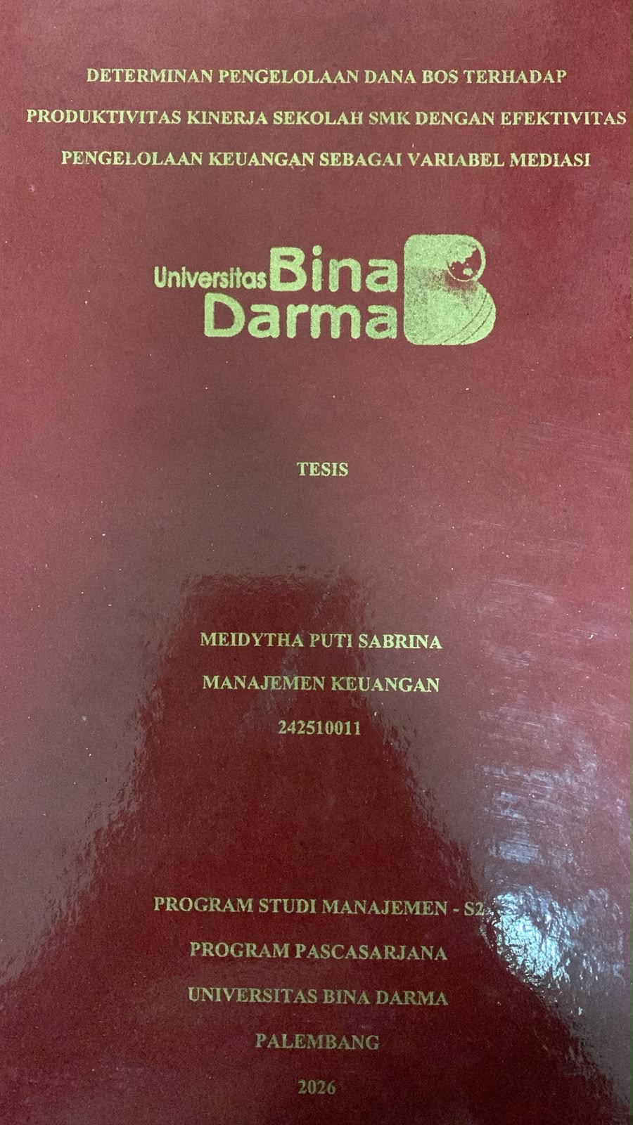 Cover Determinan Pengelolaan Dana BOS Terhadap Produktivitas Kinerja Sekolah SMK dengan Efektivitas Pengelolaan Keuangan Sebagai Variabel Mediasi / Meidytha Puti Sabrina