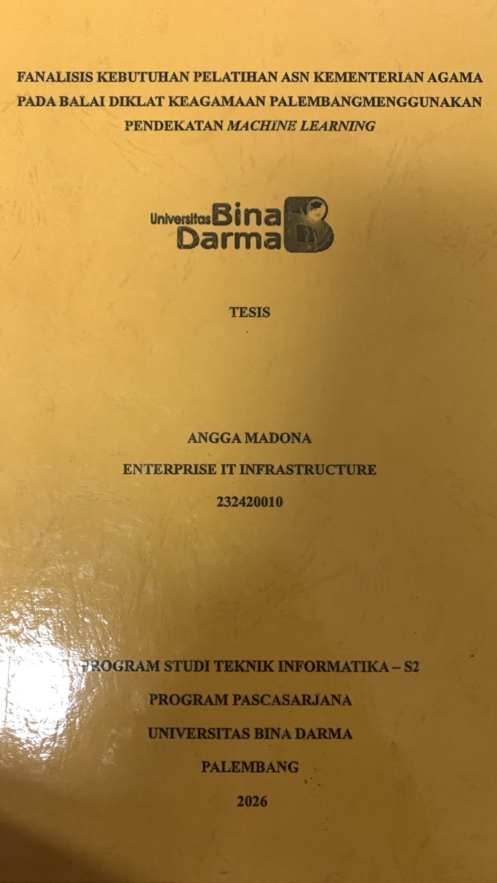 Cover Fanalisis Kebutuhan Pelatihan ASN Kementrian Agama pada Balai Diklat Keagamaan Palembang Menggunakan Pendekatan Machine Learning / Angga Madona