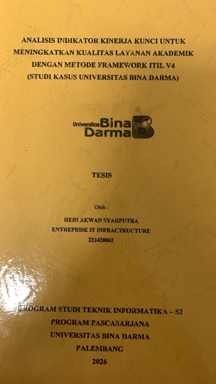Cover Analisis Indikator Kinerja Kunci untuk Meningkatkan Kualitas Layanan Akademik dengan Metode Framework ITIL V4 (Studi Kasus Universitas Bina Darma) / Heri Akhwan Syahputra